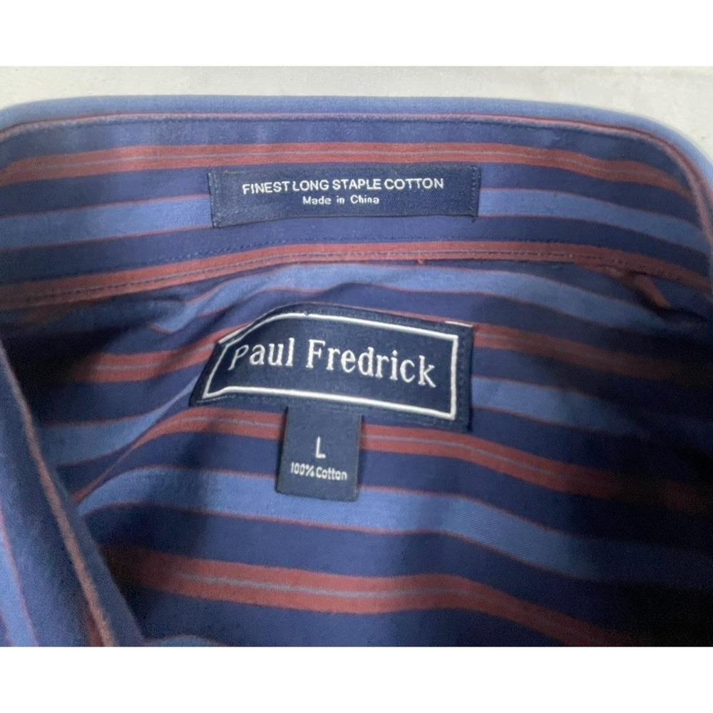 PAUL FREDRICK MENS LARGE BLUE BURGUNDY STRIPED DRESS SHIRT LONG SLEEVE 100% COTT - Picture 8 of 9